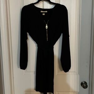 Michael Kors black large belted long sleeve dress